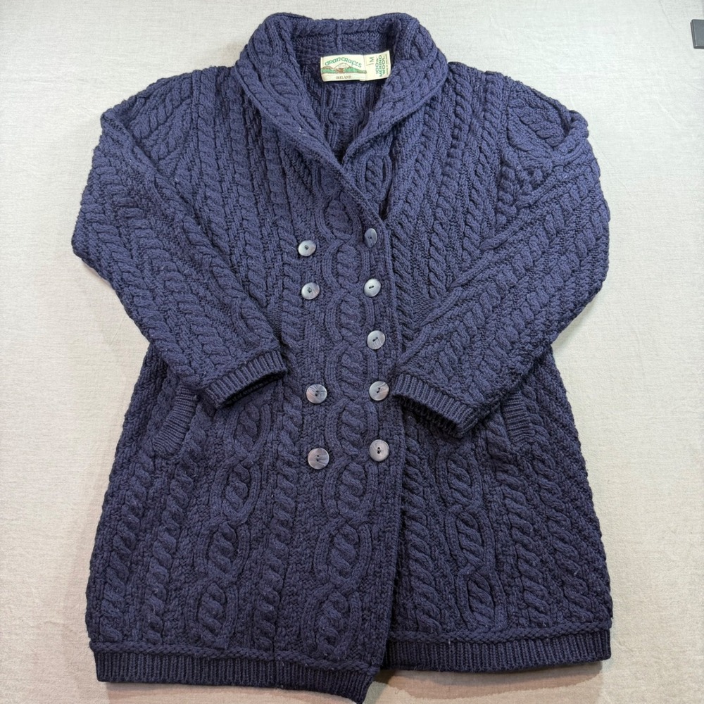 Aran Crafts Cardigan Sweater Womens Medium Navy Blue Excellent Merino Wool Irish